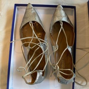 Aquazzura silver glitter lace up flats